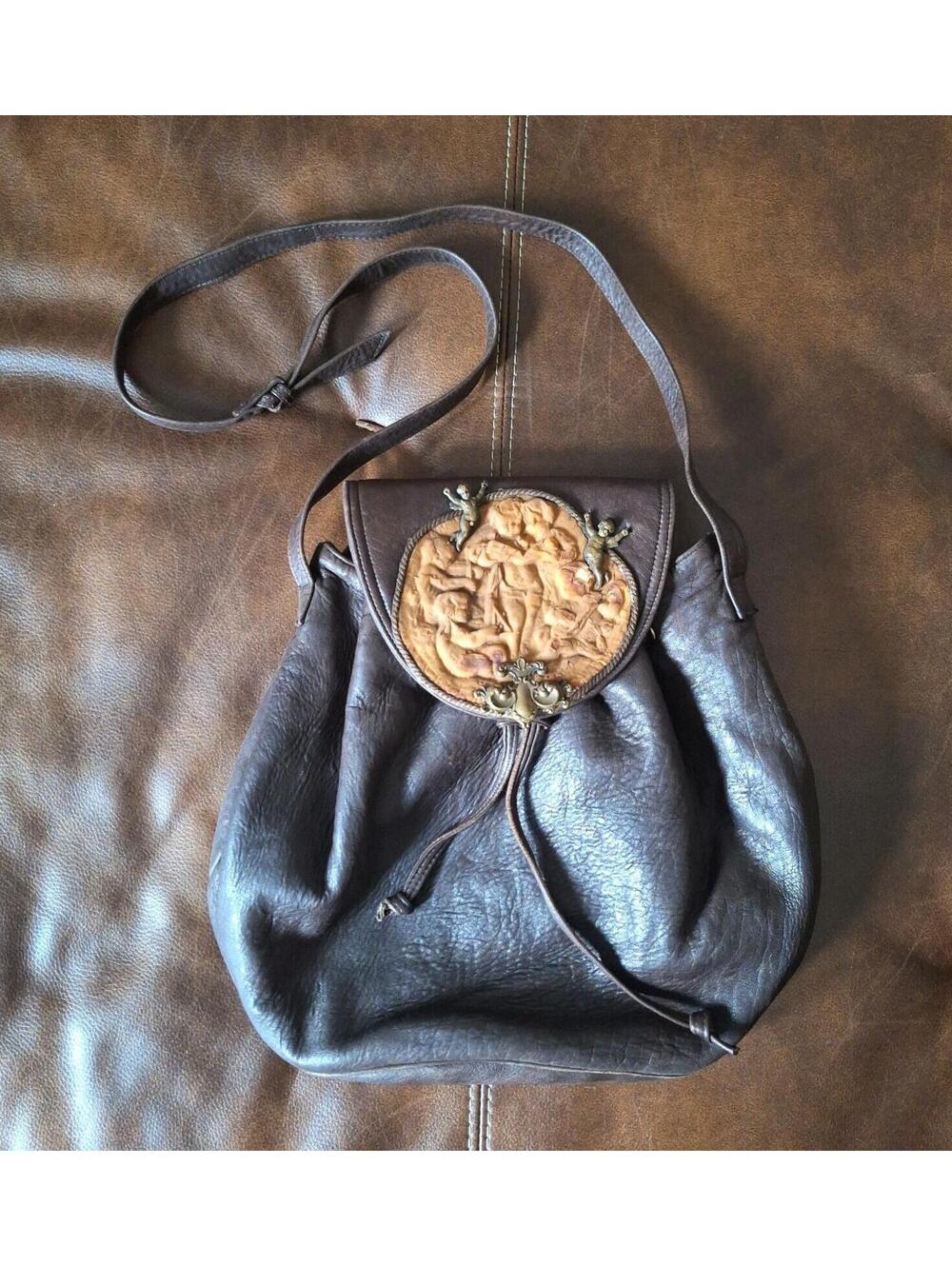 RARE Brown Leather Bucket Bag Cherub Angel Cameo Medallion Drawstring Purse NWOT